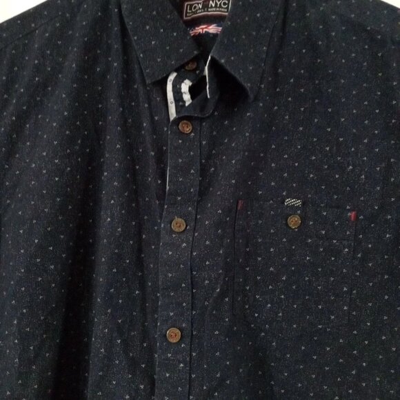 LON NYC Men’s Size Large Button Down Shirt Navy Blue 100% Cotton Short Sleeve - Picture 4 of 7